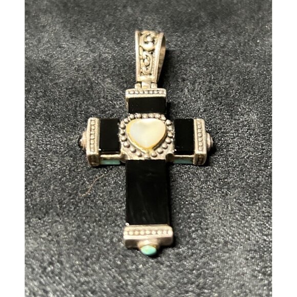 Stunning Sterling Silver Reversible Onyx MOP & Turquoise CROSS Pendant - Picture 3 of 4